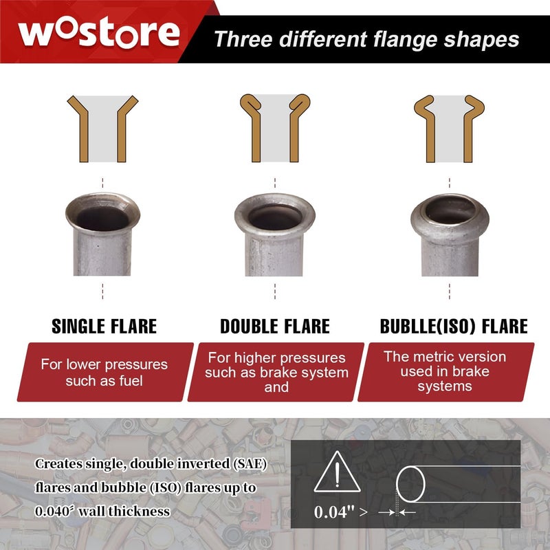 Wostore Professional Brake Line Flare Kit for Single, Double (SAE) Flares & Bubble (ISO) Flares with Tubing Cutter Pipe Reamer for 3/16-5/8" 7 Sizes - Image 3